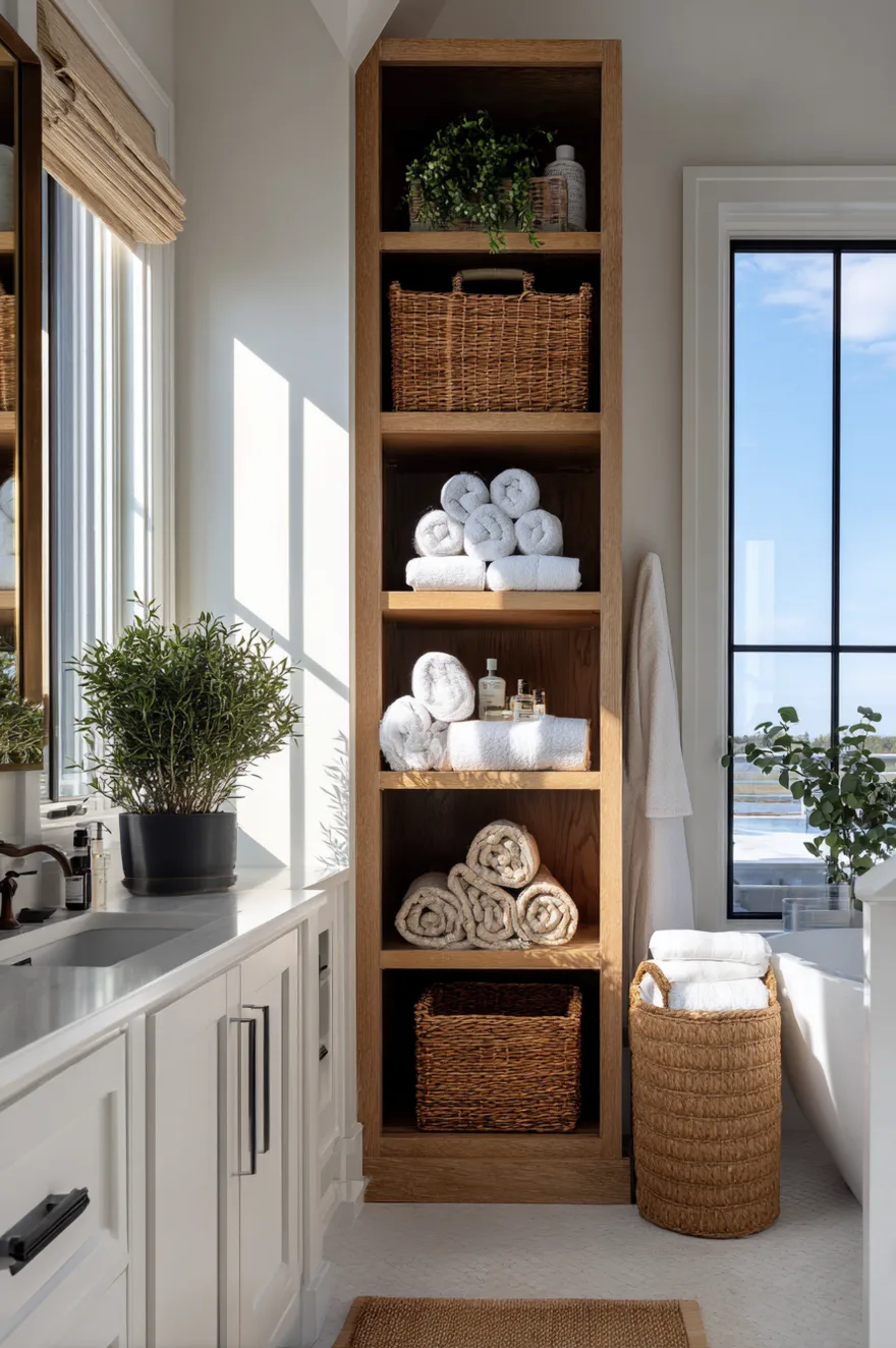 A narrow, tall wooden storage cabinet with glass doors and open cubbies is positioned between a grey bathroom vanity sink and a toilet. The cabinet shelves hold stacked white towels, small woven baskets, various skincare bottles, and small potted plants against a tiled wall.
