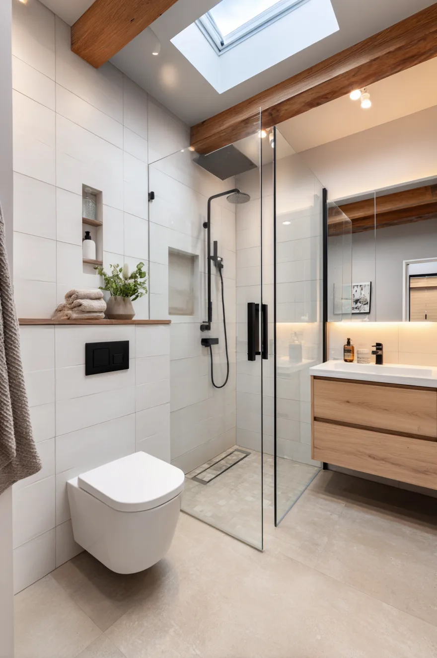 A sophisticated bathroom featuring a matte dark wood floating vanity with a white vessel sink and gold fixtures. A matching wooden storage cabinet hangs above. The back wall is covered in white vertically stacked tile. To the left, a modern white wall-hung toilet is mounted, floating above a textured rug on a dark stone floor.