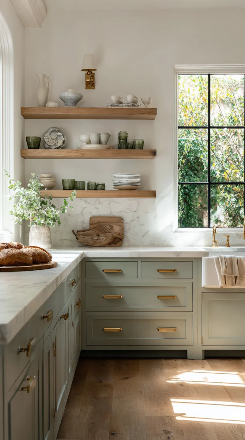 Sage green kitchen cabinets paired with floating white oak shelves and warm wood flooring for an organic look.