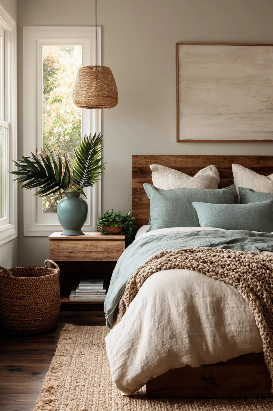 A bedroom with a rustic wood headboard and light beige walls. The bed is styled with muted teal and beige pillows, a light teal duvet, and a chunky knit tan blanket. A teal vase with palm fronds sits on the wooden nightstand.