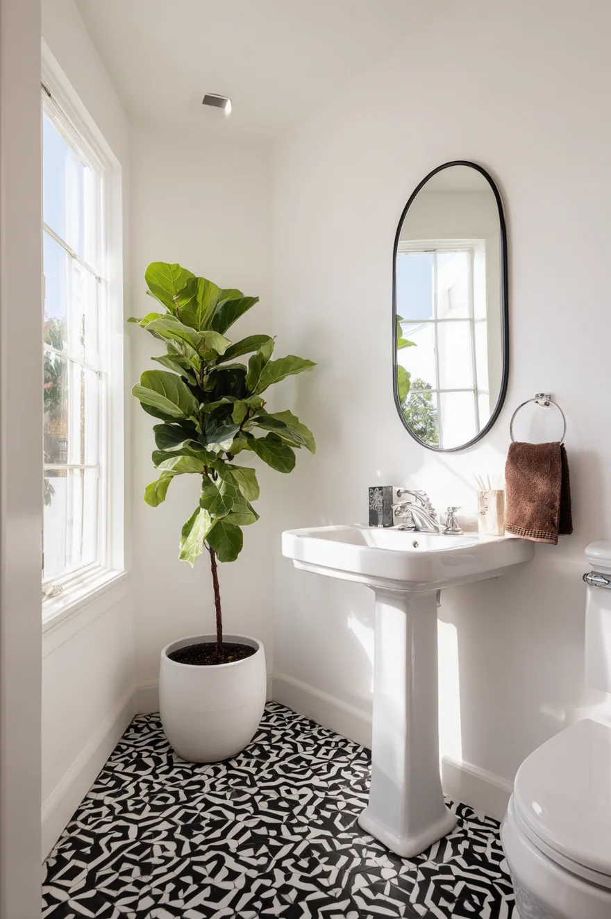 Black and white octagonal cement tile floor anchoring a bathroom with white plaster walls, a classic pedestal sink, and an oversized rubber plant in a white ceramic pot.