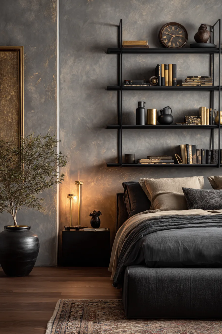 Thin steel grid shelves on a warm grey Venetian plaster bedroom wall holding an aged brass clock, a small bronze sculpture, and a black ceramic jug under warm lamplight.