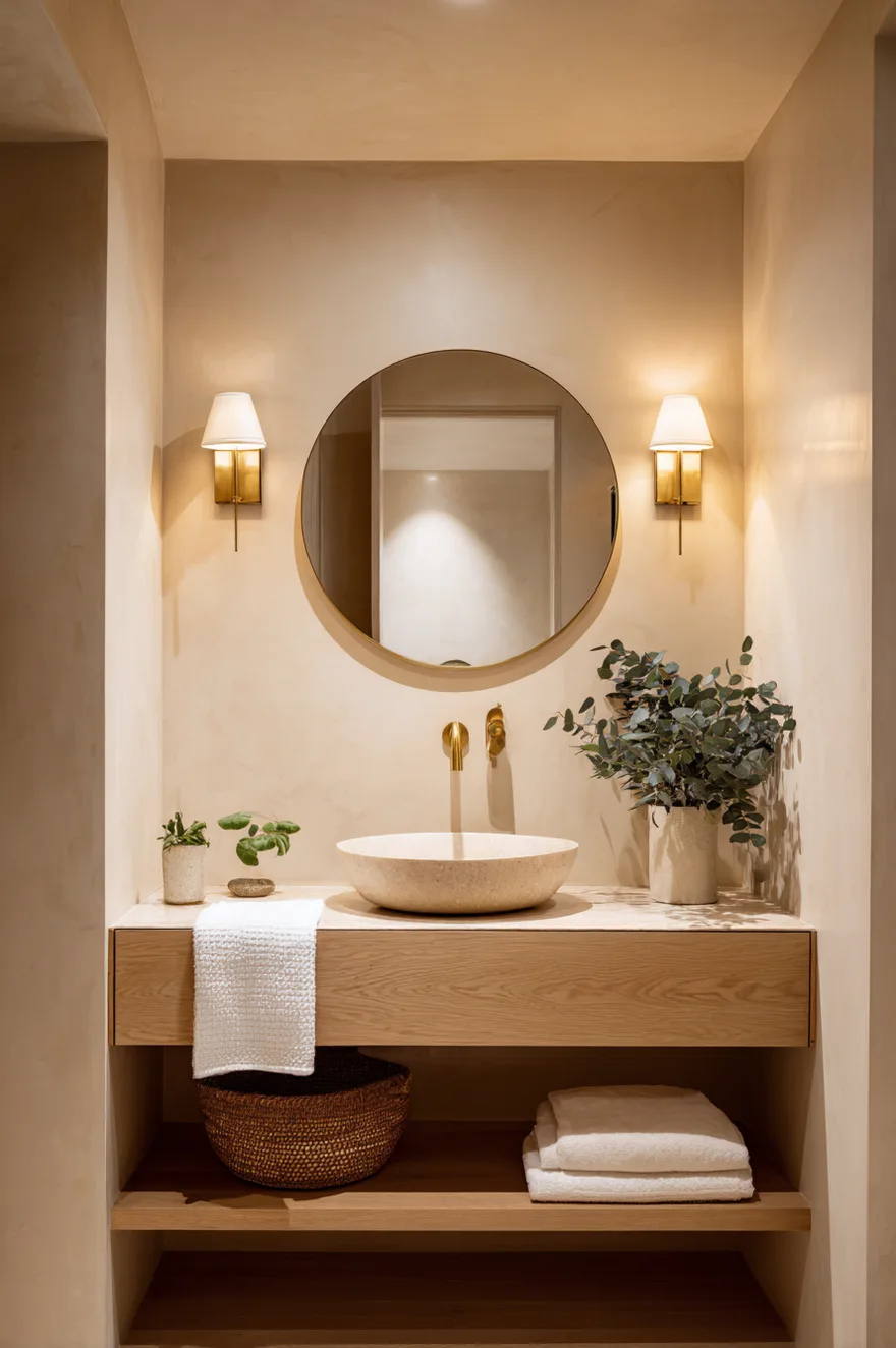 Pair of unlacquered brass wall sconces flanking a round mirror at eye level above a white oak floating vanity with a ceramic basin and trailing plant on warm greige plaster walls.