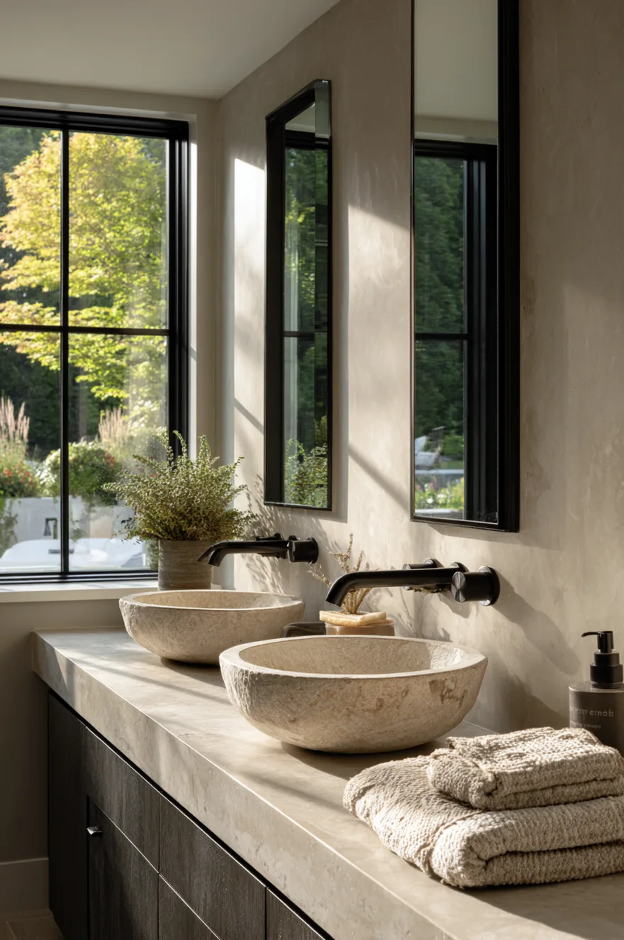 Twin honed white limestone carved sinks set into a thick concrete double vanity countertop with a large picture window behind it and a garden view in a primary bathroom.
