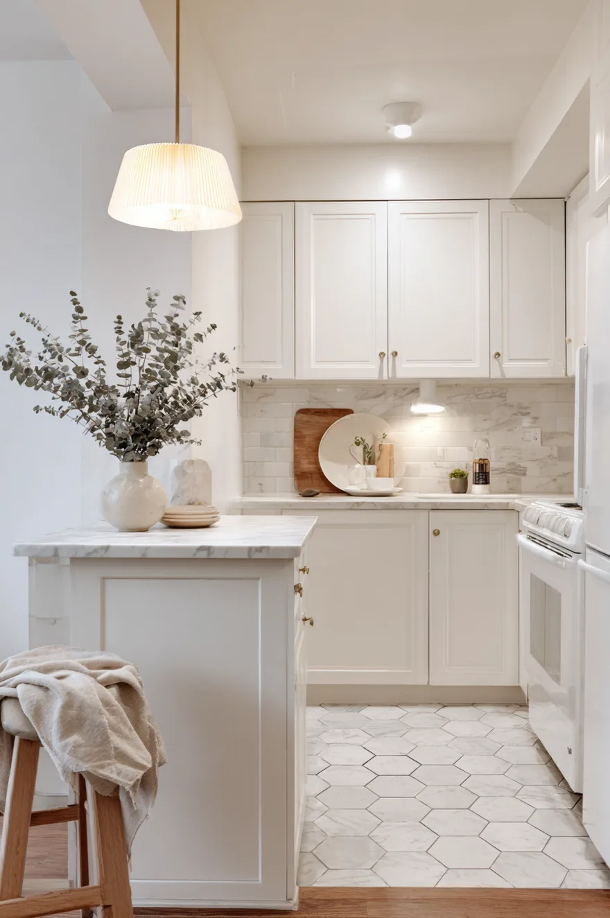Peel and stick marble hexagon tile floor in a small rental kitchen with white shaker cabinets, a warm pendant glowing, and a single bar stool at the counter edge.