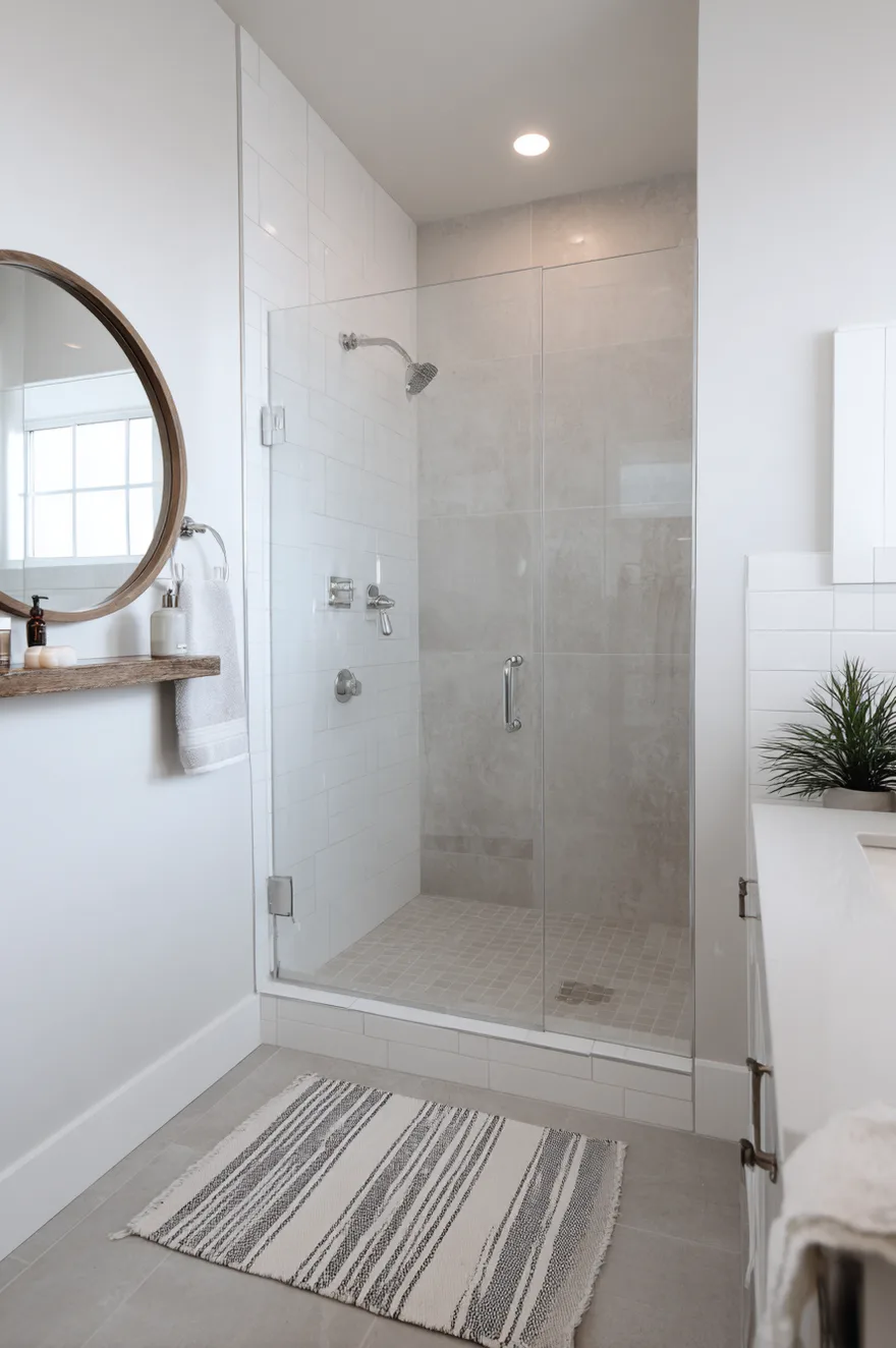 Walk in shower on a budget with one cement-look large-format porcelain accent wall, builder-grade white tile on remaining walls, and a frameless glass panel.
