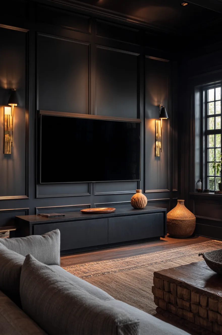 Low ebonized oak console below a 75-inch TV nearly disappearing into a deep charcoal accent wall with two matte black sconces and a sculptural ceramic vessel in warm evening light.
