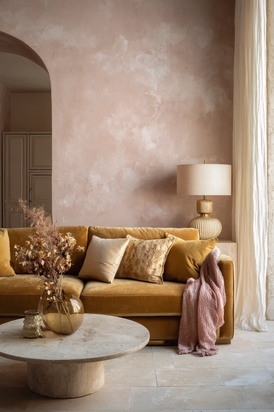 Blush pink limewash wall paired with a warm marigold velvet sofa on natural stone tile with aged brass hardware and raw silk ivory curtains in a romantic living room.