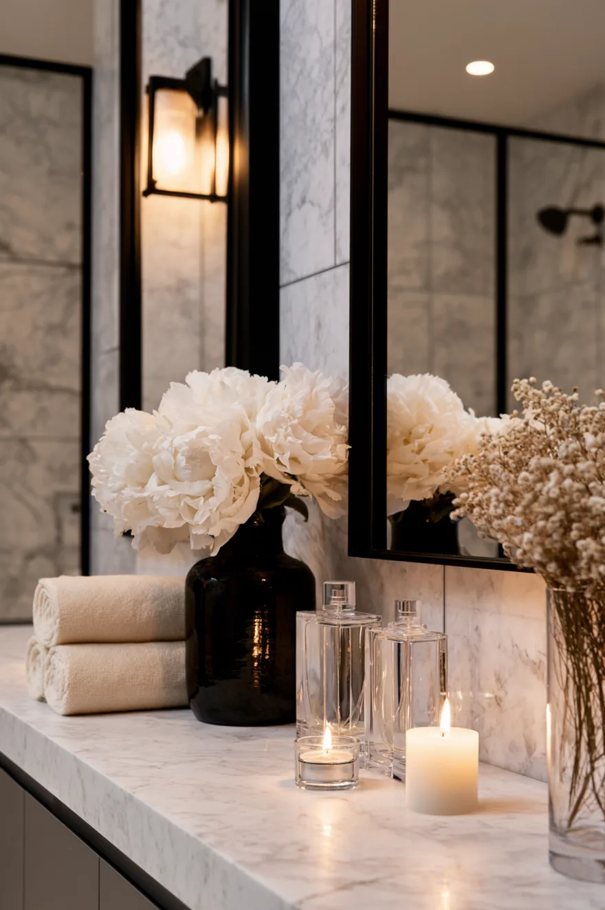 White marble vanity counter with a black-framed mirror and a lit wall sconce, featuring a black ceramic vase with large white peonies, clear glass perfume bottles, and lit votive candles.
