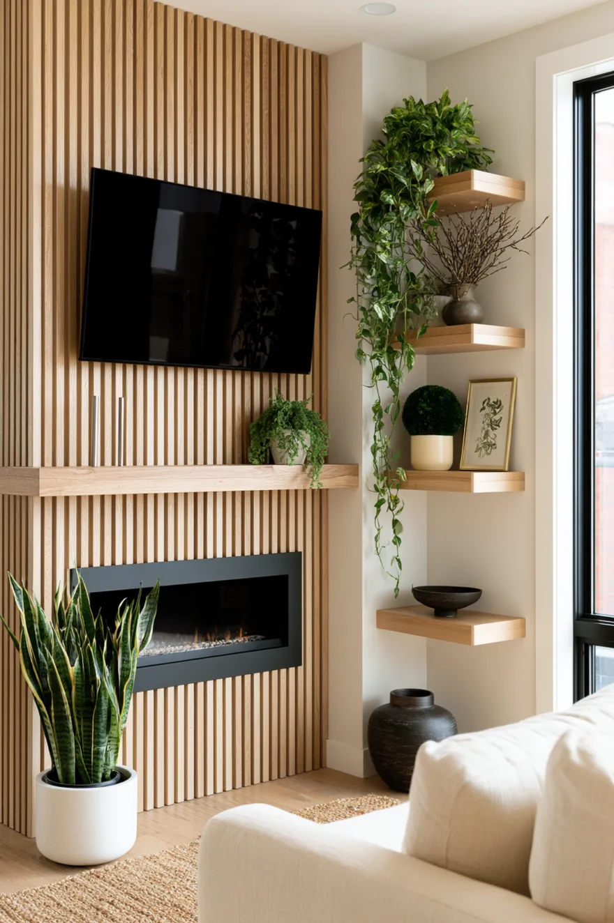 Cozy living room corner showcasing a full-height light oak vertical slat accent wall containing a built-in linear black fireplace. A matching oak floating mantel shelf sits above the fireplace holding thin silver candlesticks and a small potted plant, directly below a wall-mounted flat screen television. An adjacent white wall features four floating oak corner shelves styled with a lush trailing pothos plant, a dark green topiary ball, a framed botanical print, and a black decorative bowl, while a tall snake plant sits in a white pot on the floor.