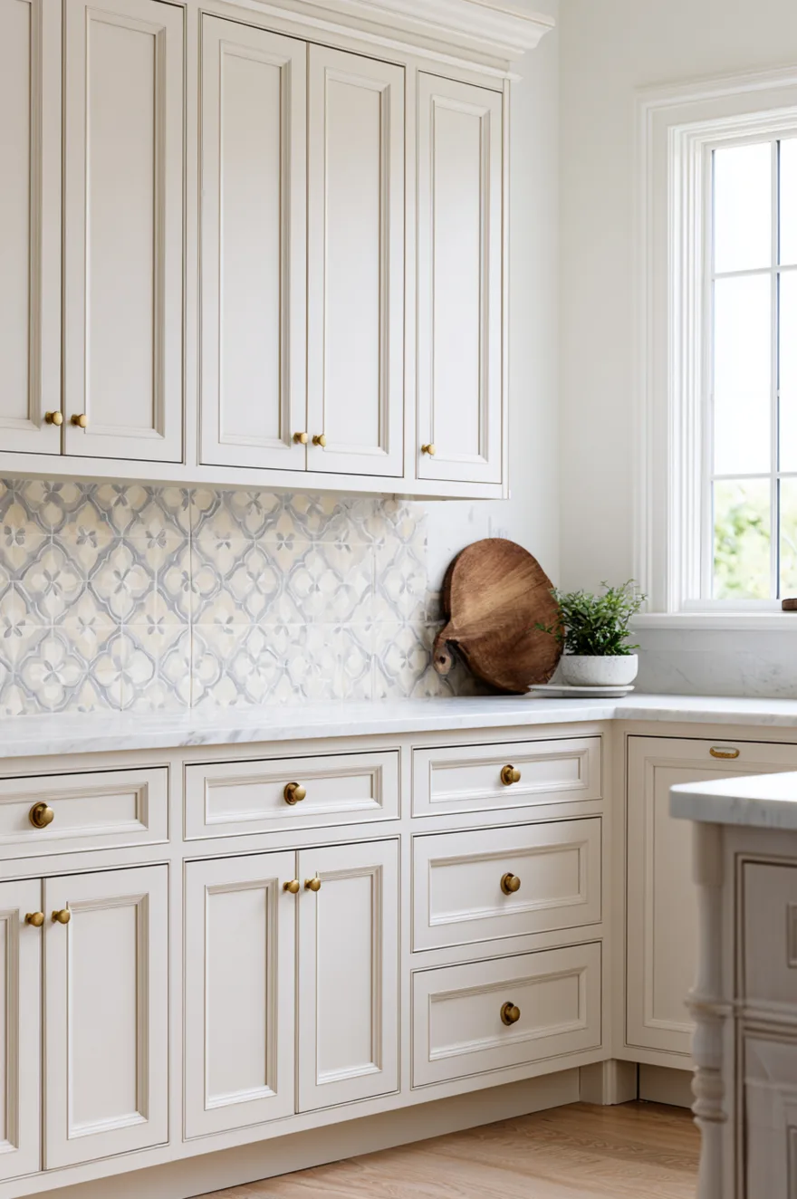 Soft gray and cream patterned encaustic geometric backsplash tiles, traditional white inset cabinets with crown molding, small round brass knobs, white marble countertop.