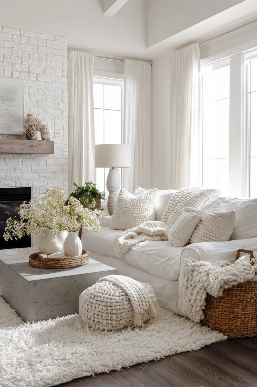Cozy white living room with a painted brick fireplace, layered knit throws, textured pillows, and a chunky knit pouf.