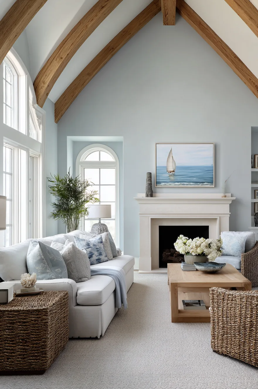 A bright living room with high vaulted ceilings and light wood beams. The walls are a soft blue-gray, accented by a white sofa with blue pillows, woven wicker chests used as side tables, and a coastal seascape painting above the fireplace.