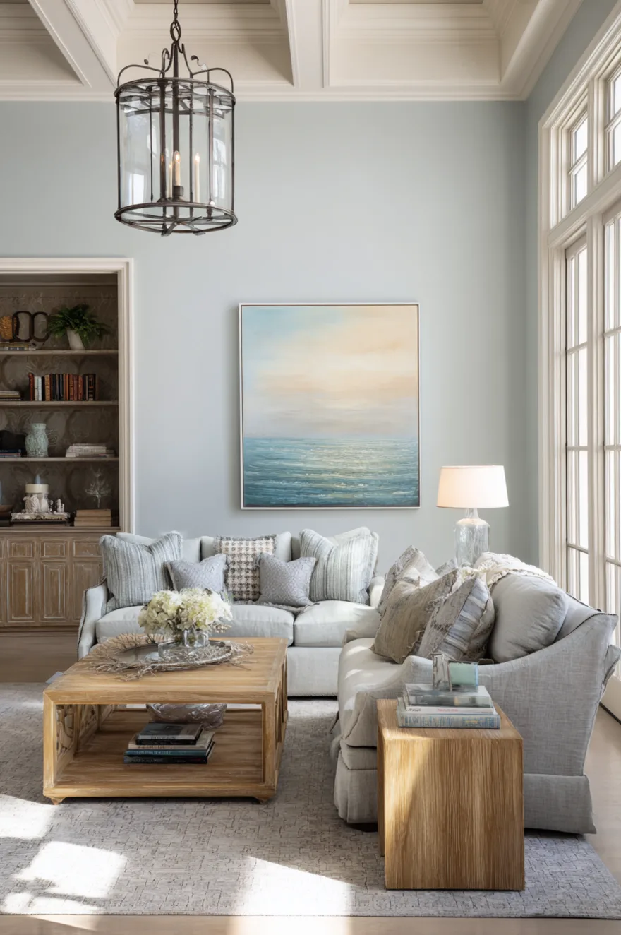 A neutral living room featuring blue-gray walls and a large coastal painting of the sea. A light wood coffee table and a dark metal lantern chandelier anchor the space, which is filled with soft seating and flooded with natural light from large windows.