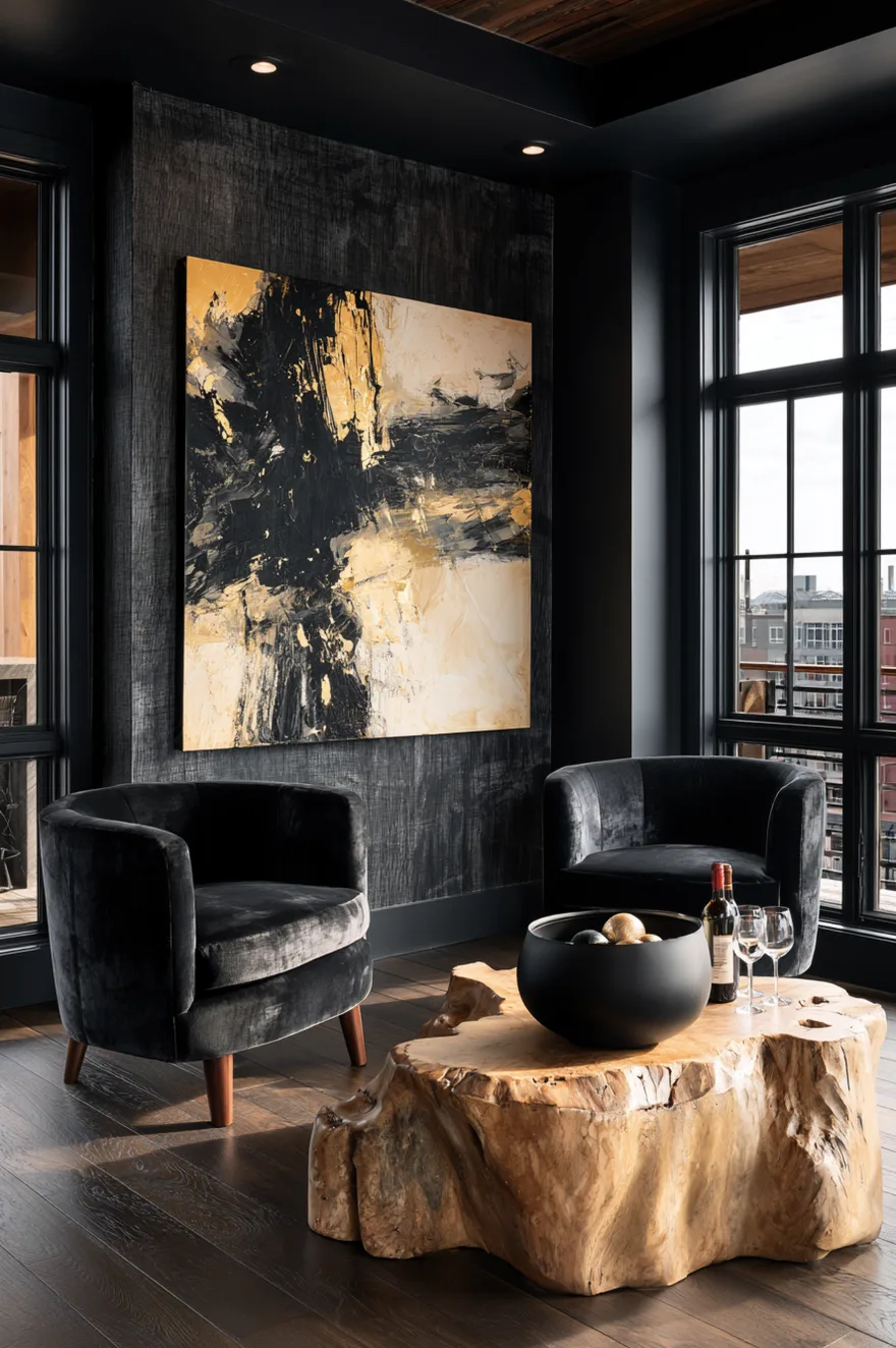 Textured dark charcoal grasscloth wall section with a massive square black and gold abstract canvas painting behind two charcoal velvet armchairs.