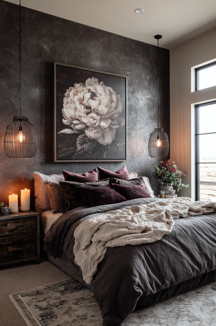 Close-up of a bedroom wall with textured dark gray Venetian plaster finish, a gold-framed botanical print, and a brass wall sconce.