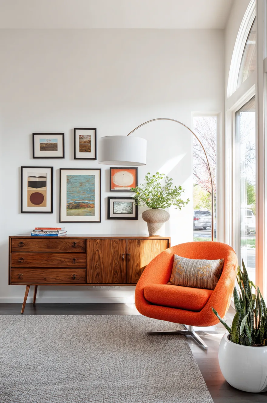 A bright living space with a bright orange swivel chair next to a wooden mid-century credenza. A curved floor lamp stands over the credenza, which is styled with plants and placed below a colorful gallery wall.