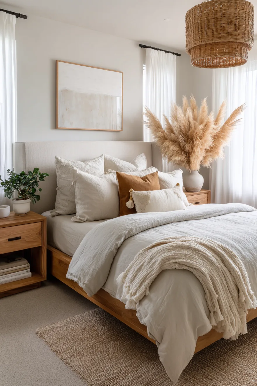 A bright neutral bedroom with a light beige upholstered headboard framed in natural wood. The bed has crisp white and cream linens with a single rust pillow. A large vase of fluffy pampas grass sits on the matching wood nightstand.