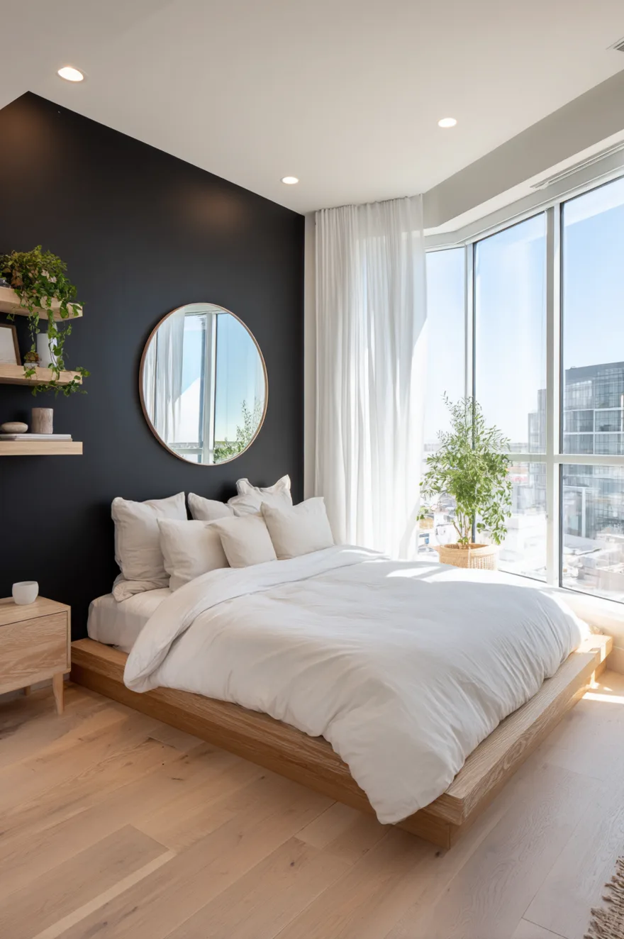A bright small bedroom with floor-to-ceiling windows and a black accent wall. A light wood platform bed with white bedding sits beneath a large round mirror, accompanied by floating wood shelves with green plants.