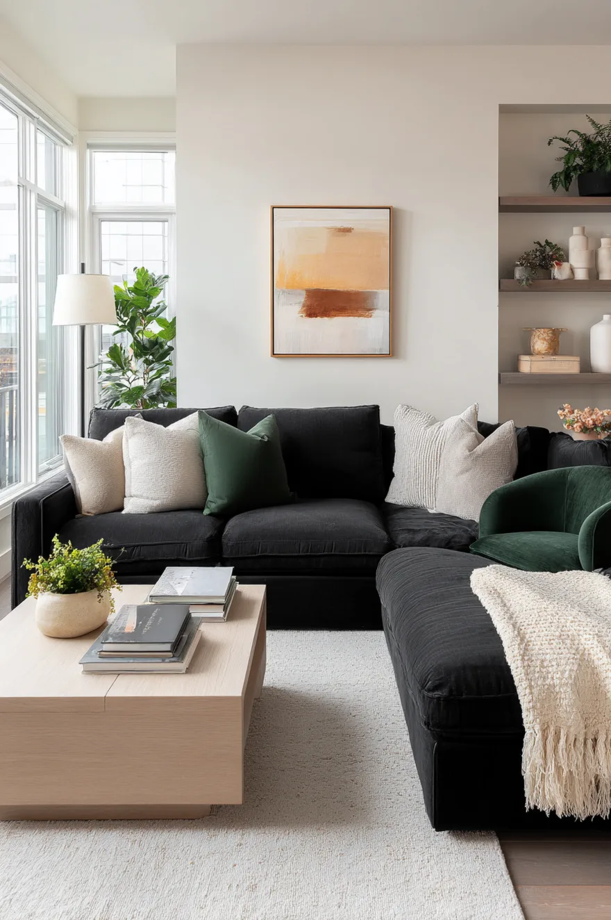 A chic living room with white walls contrasting against a large black sectional sofa. The sofa is styled with cream and black geometric pillows. A gold round coffee table sits on a patterned rug.