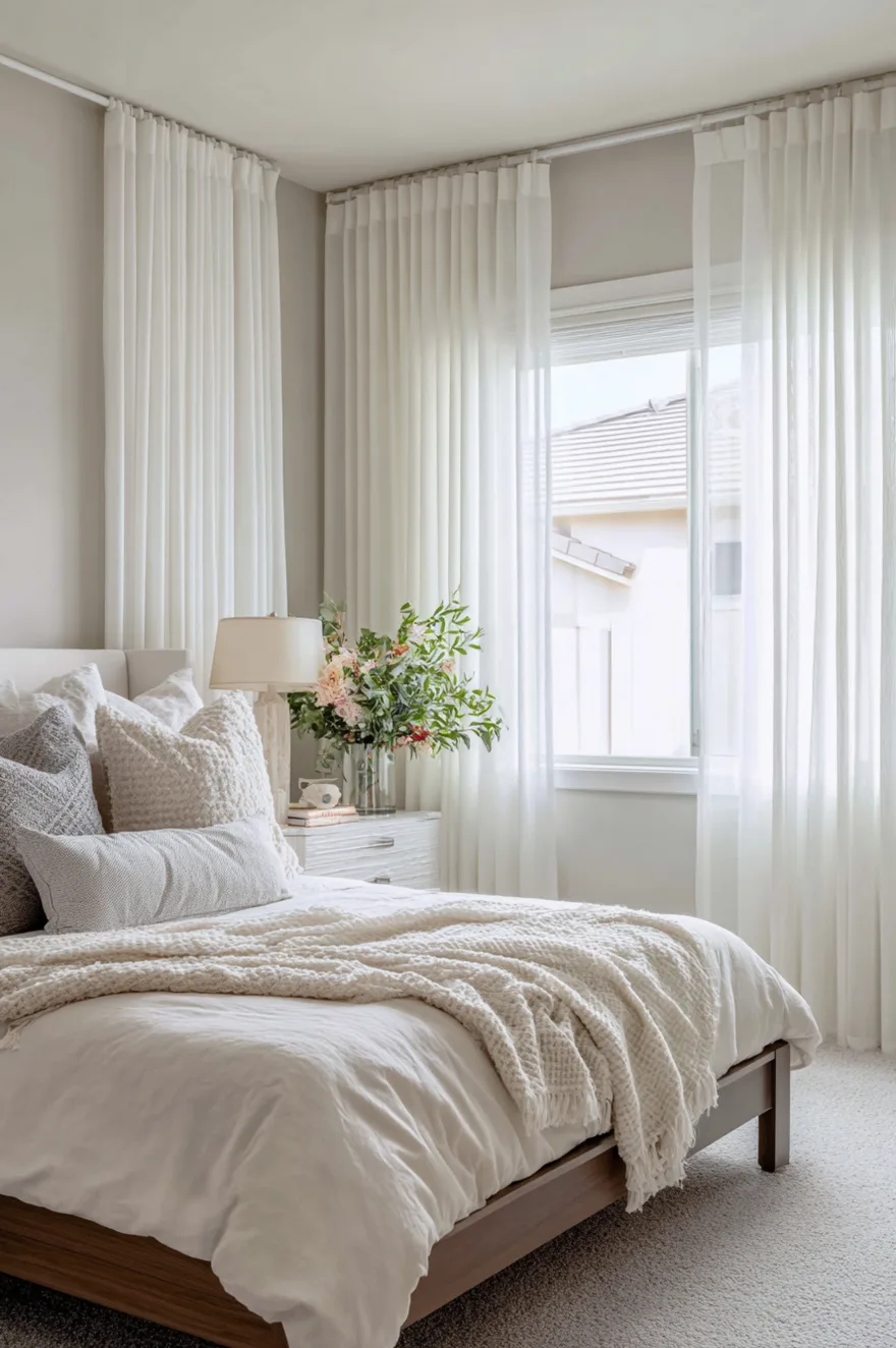 Dark wood bed frame layered with white linens, textured grey and cream pillows, and a chunky knit cream throw. A white textured nightstand with a lush floral arrangement sits next to a large window draped in sheer white curtains against light grey walls.
