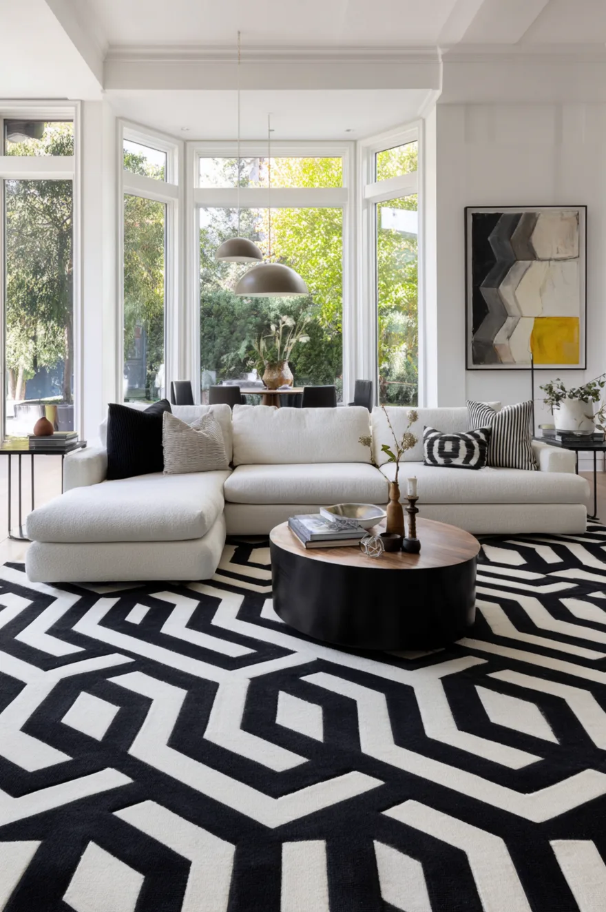 A modern living room featuring a bold black and white geometric patterned rug under a sleek white sofa and a round black and wood coffee table.