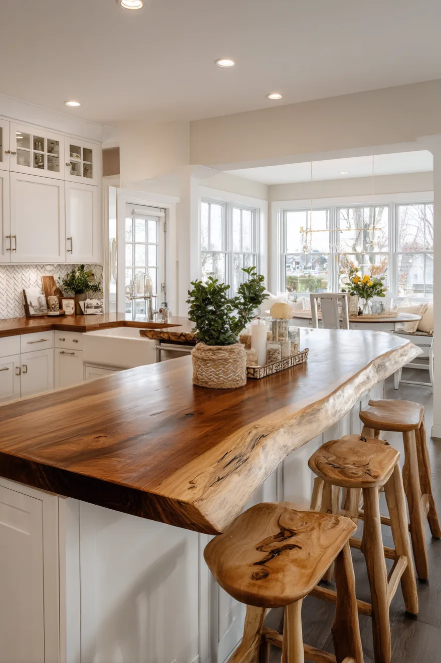 A spacious kitchen featuring a large live edge wood peninsula breakfast bar with four carved wooden stools. The rich wood grain contrasts with white perimeter cabinets and leads into a bright dining area with large windows.