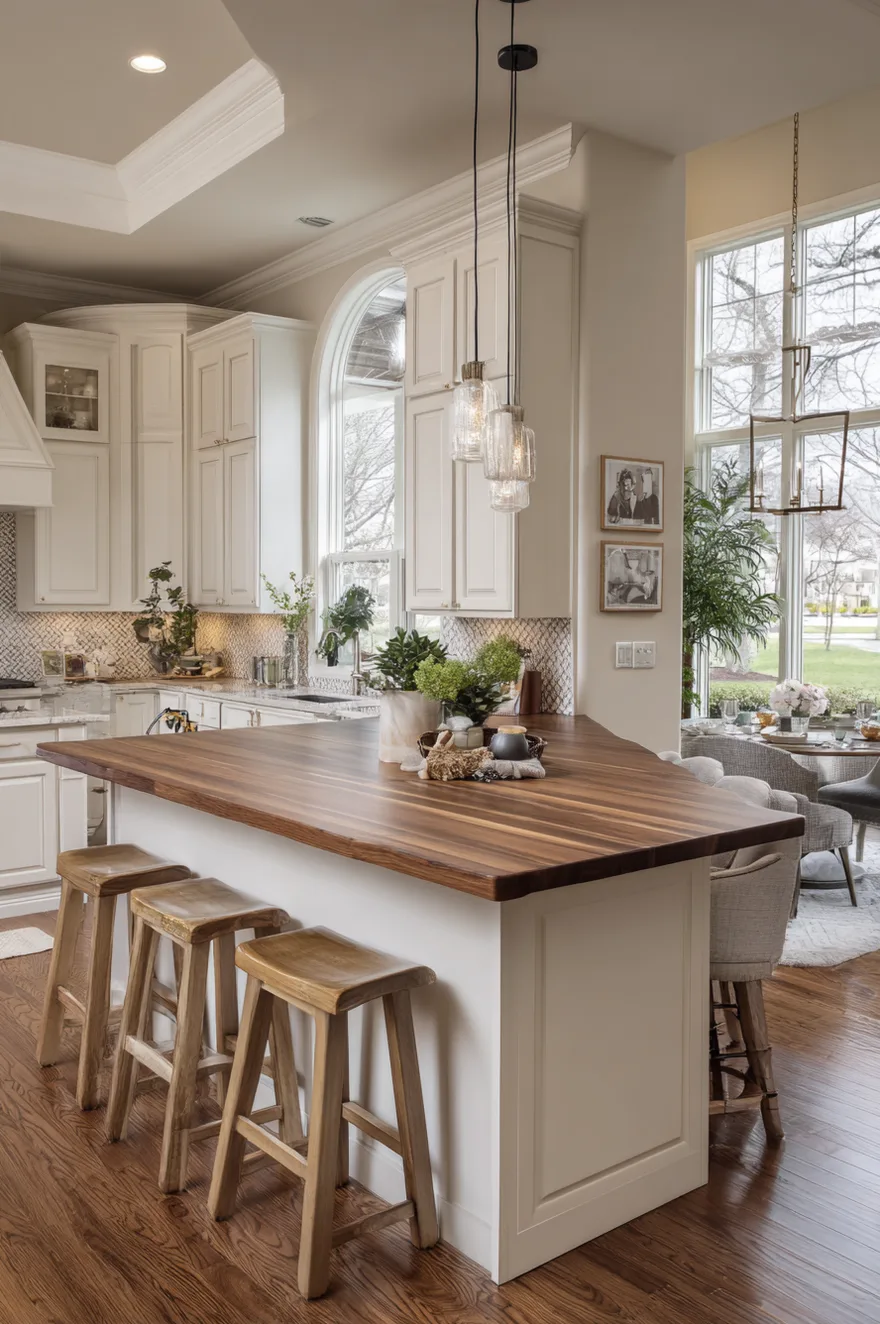 An angled kitchen peninsula with a smooth dark wood countertop and four wooden saddle stools. The white kitchen includes a large arched window over the sink, glass pendant lights, and a view into an elegant dining space.