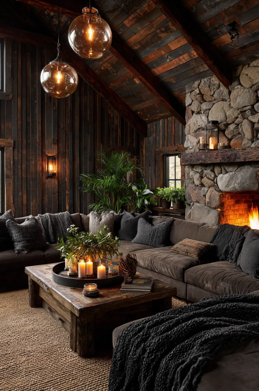 A rustic cabin style living room with exposed dark wood ceiling beams, a massive stone fireplace with a glowing fire, dark brown leather sofas, and a raw edge wood coffee table.