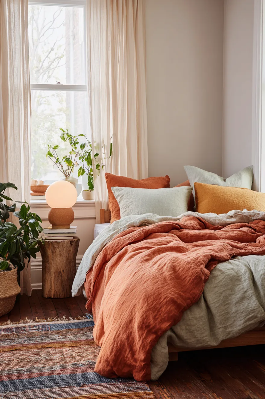 A cozy bed layered with rumpled linen bedding in shades of rust orange, pale sage green, and mustard yellow. The bed sits on a natural wood frame next to a rustic tree stump nightstand holding a round, glowing globe lamp. A window with sheer cream curtains allows natural light to illuminate small potted plants on the sill, while a multi-colored striped woven rug lies on the dark wood floor.