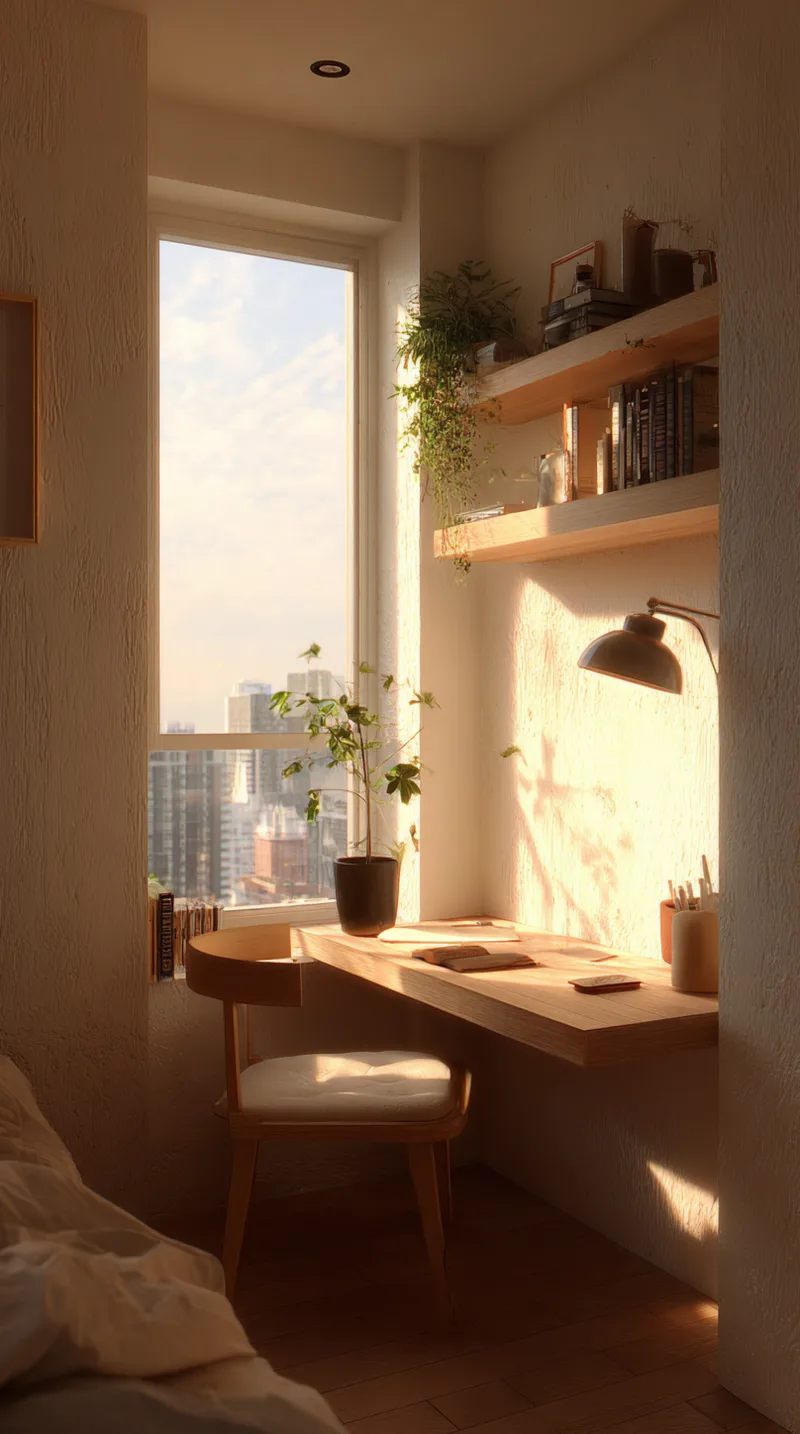 Narrow wooden floating desk installed in a sunny bedroom alcove for a workspace.
