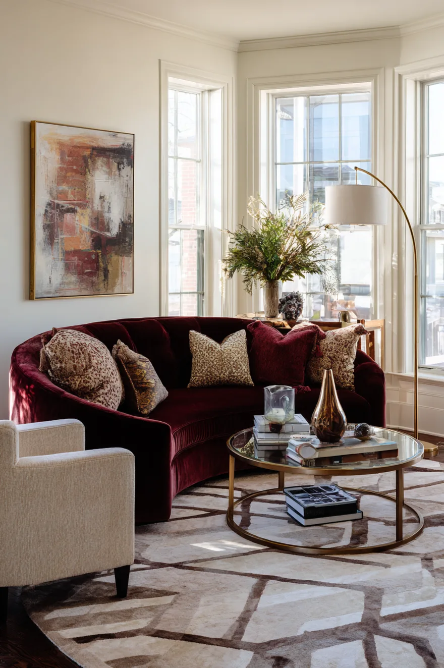 A curved, kidney-shaped beige velvet sofa sits on a large circular rug with a black and white geometric pattern. A minimalist round brass coffee table rests on the rug. The background features curved light wood architectural panels and large windows draped in sheer curtains.