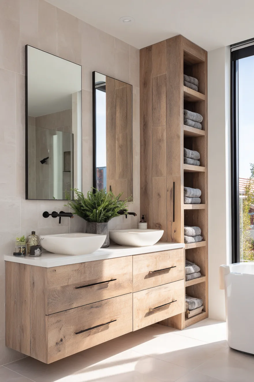 A bright bathroom showcasing a light rustic wood double vanity with a white countertop and two white basin sinks paired with black wall-mounted faucets. Two rectangular mirrors hang above the sinks, while a tall, matching wood storage tower with open shelving and a closed cabinet sits to the right side.