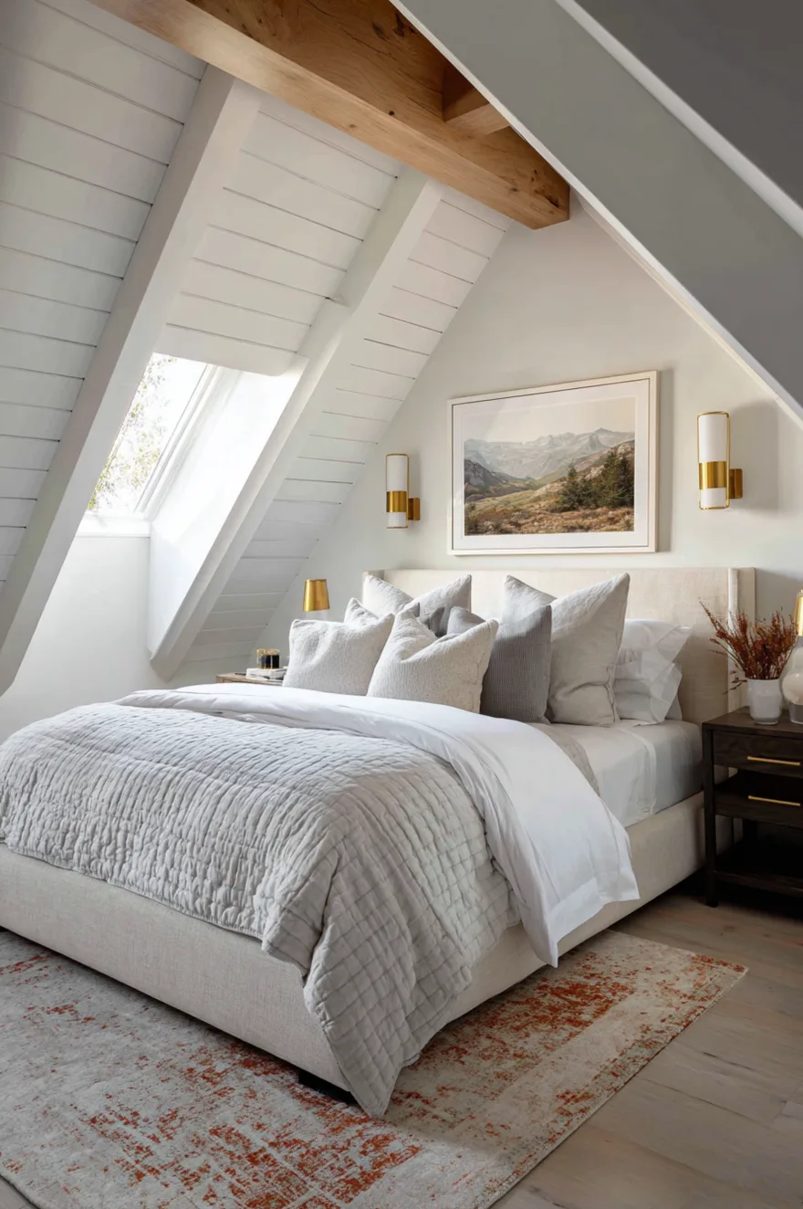 A bright attic nursery or kids' room with exposed structural ceiling beams painted a light blue-grey against a white vaulted ceiling. The room contains a light wood crib, shelving unit, and chest of drawers on a patterned rug, with light from a window and skylight.