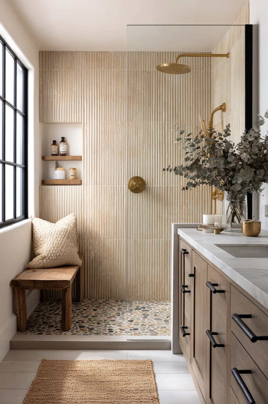 A bathroom featuring a glass-enclosed walk-in shower with warm beige vertical fluted tiles, brass fixtures, a built-in niche with wood shelving, a dark pebble floor, and a light wood vanity.