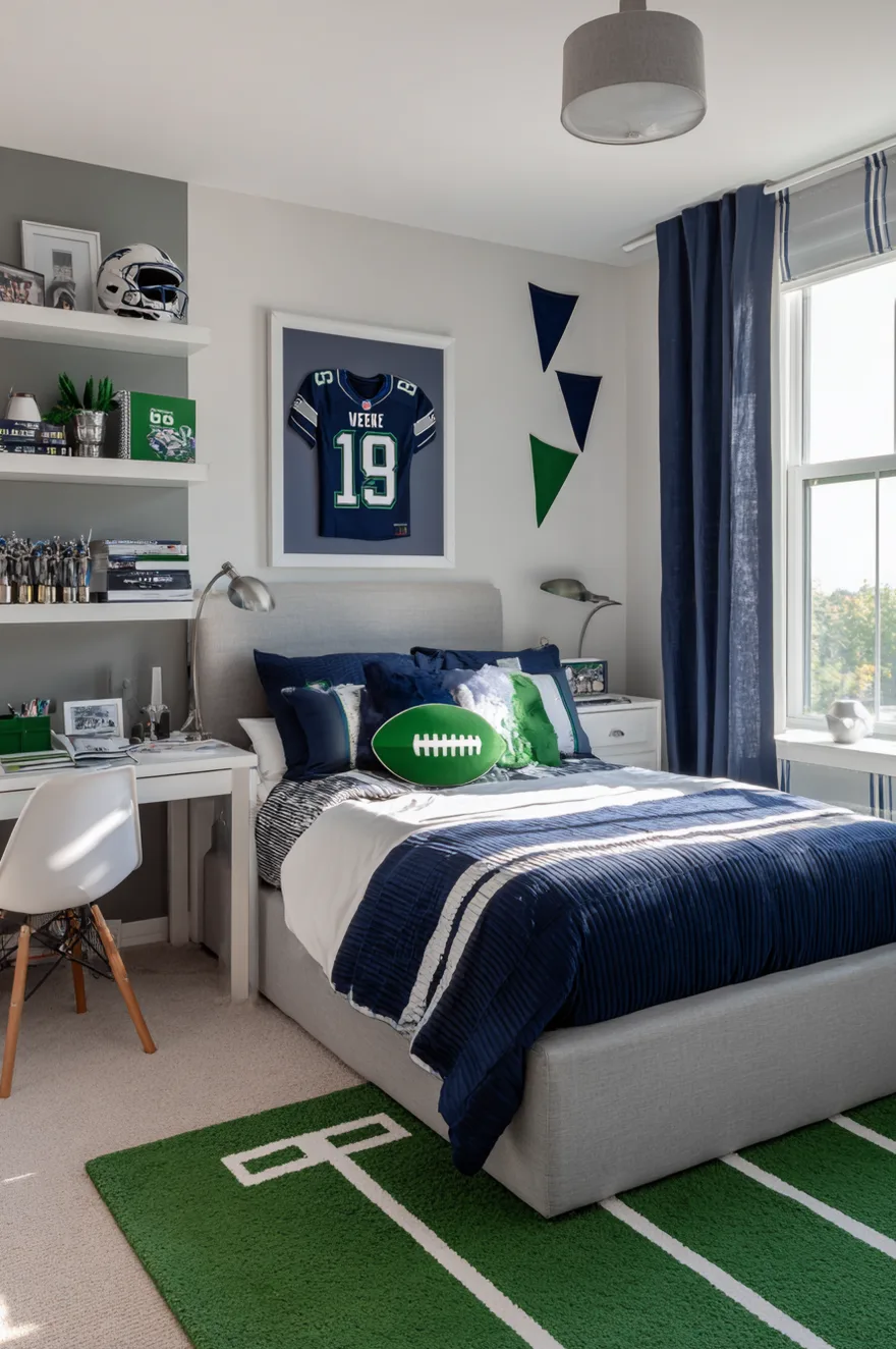 A football themed boys bedroom featuring a green football field rug, a football shaped chair, and framed football art on light grey walls.