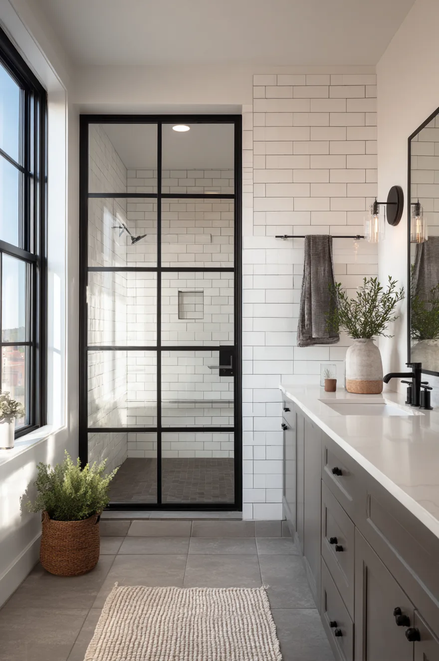A modern bathroom featuring a walk in shower with a black industrial style grid glass enclosure. The shower interior features white subway tiles and gray flooring. A gray double vanity with black hardware and a white countertop sits next to a large window letting in natural light.