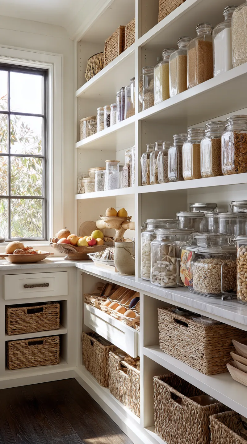 Walk-in kitchen pantry with floor-to-ceiling white shelving, woven baskets, and clear glass storage jars.