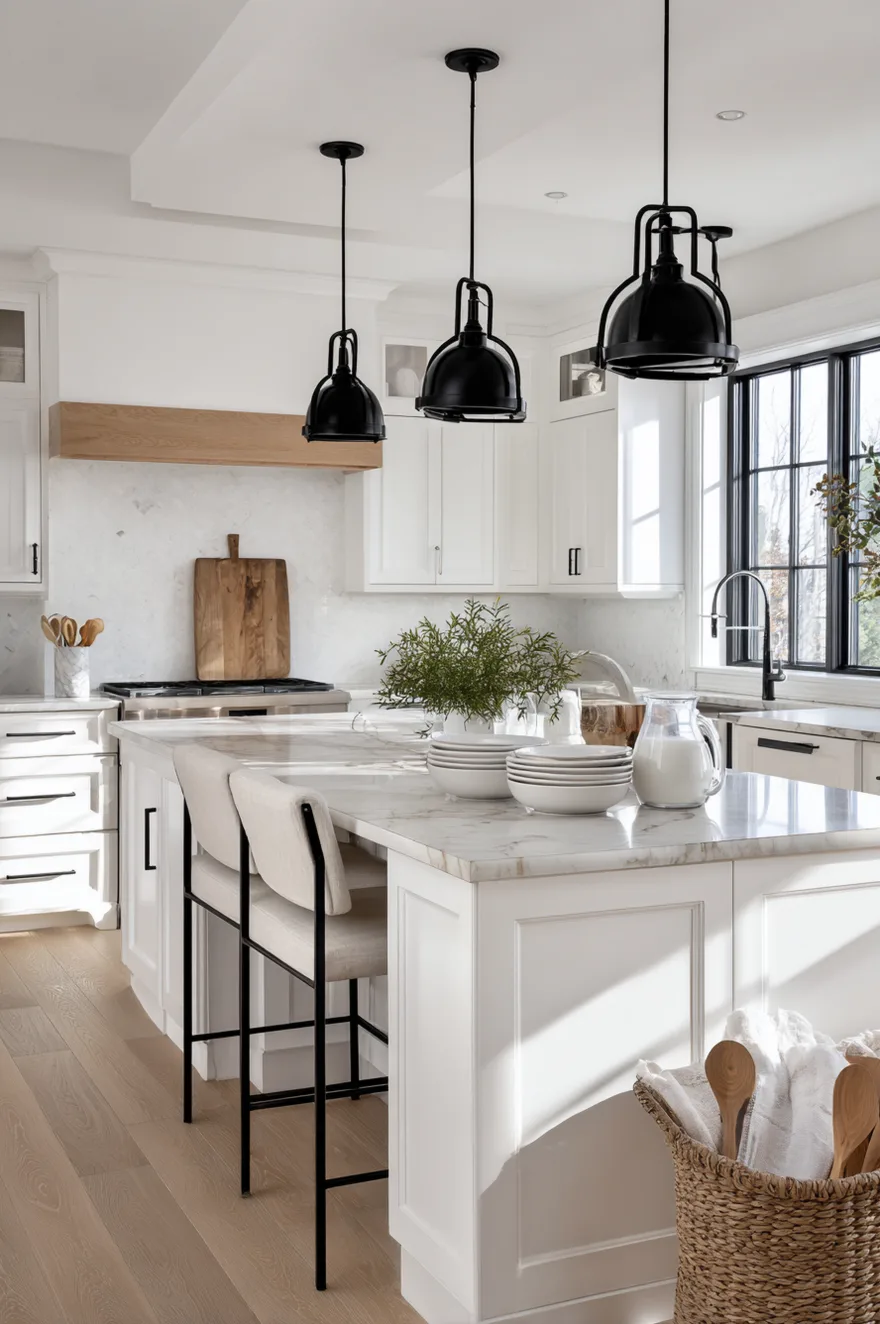 Industrial style black metal kitchen pendant lights over island with cage details hanging above a marble countertop.