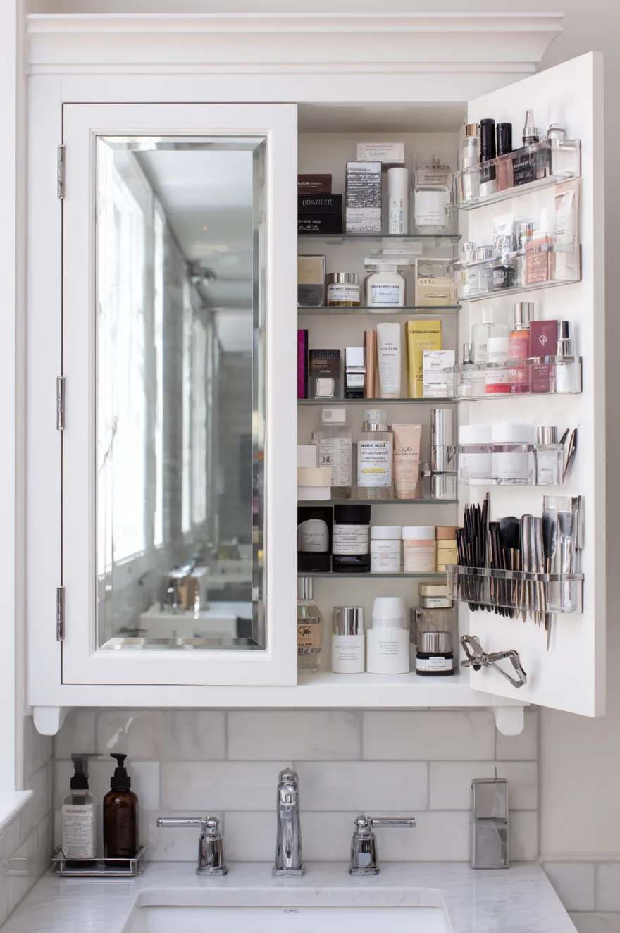 An open bathroom medicine cabinet door with several narrow black magnetic strips attached to the inside surface. The magnetic strips hold metallic tools including tweezers, nail clippers, small scissors, and bobby pins. Glass shelves holding various product bottles are visible within the cabinet.