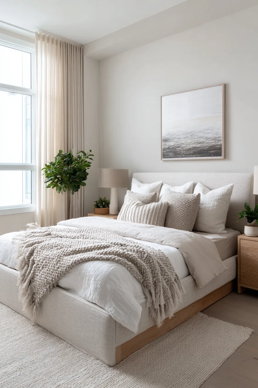 Serene minimalist bedroom with cream bedding, a chunky knit throw, and clutter-free wooden nightstands.