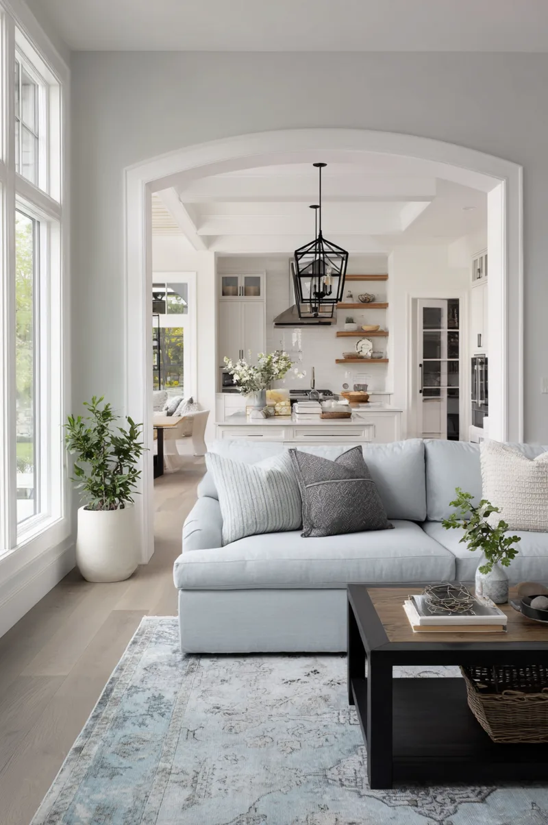 View from a living room looking through a wide white architectural archway into a bright kitchen with an island.