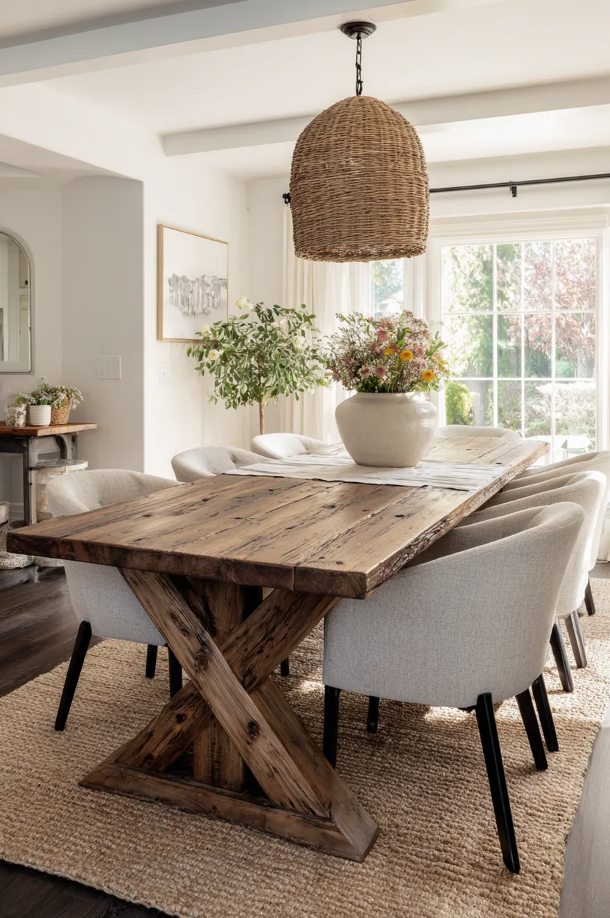 Chunky rustic wood dining table paired with sleek modern black chairs and a minimalist pendant light.
