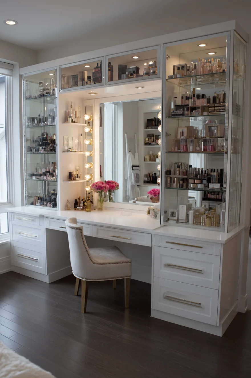 A grand, built-in wooden vanity system featuring rich grain. It consists of tall, glass-front flanking cabinets on either side of a central mirror and desk. A soft grey-blue velvet stool is tucked under the desk. The cabinets and central void are filled with an extensive collection of perfumes, beauty products, and decor.