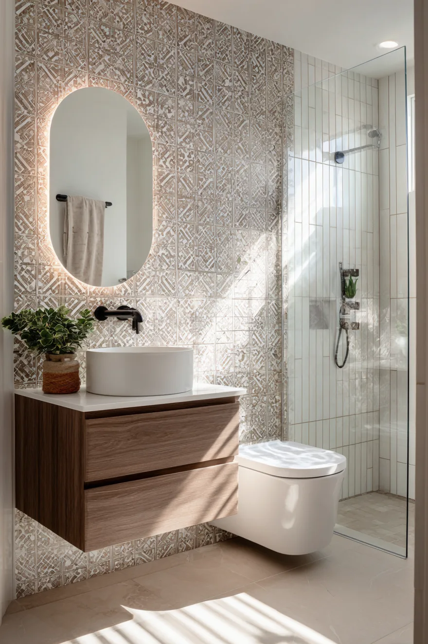 A vibrant and patterned powder room. A deep teal floating shelf vanity holds a natural stone vessel sink and is set against dramatic botanical floral wallpaper with dark colors and pink flowers. An ornate round gold mirror hangs above. Below the vanity, a stack of white towels rests on a wooden block above colorful patterned floor tiles.