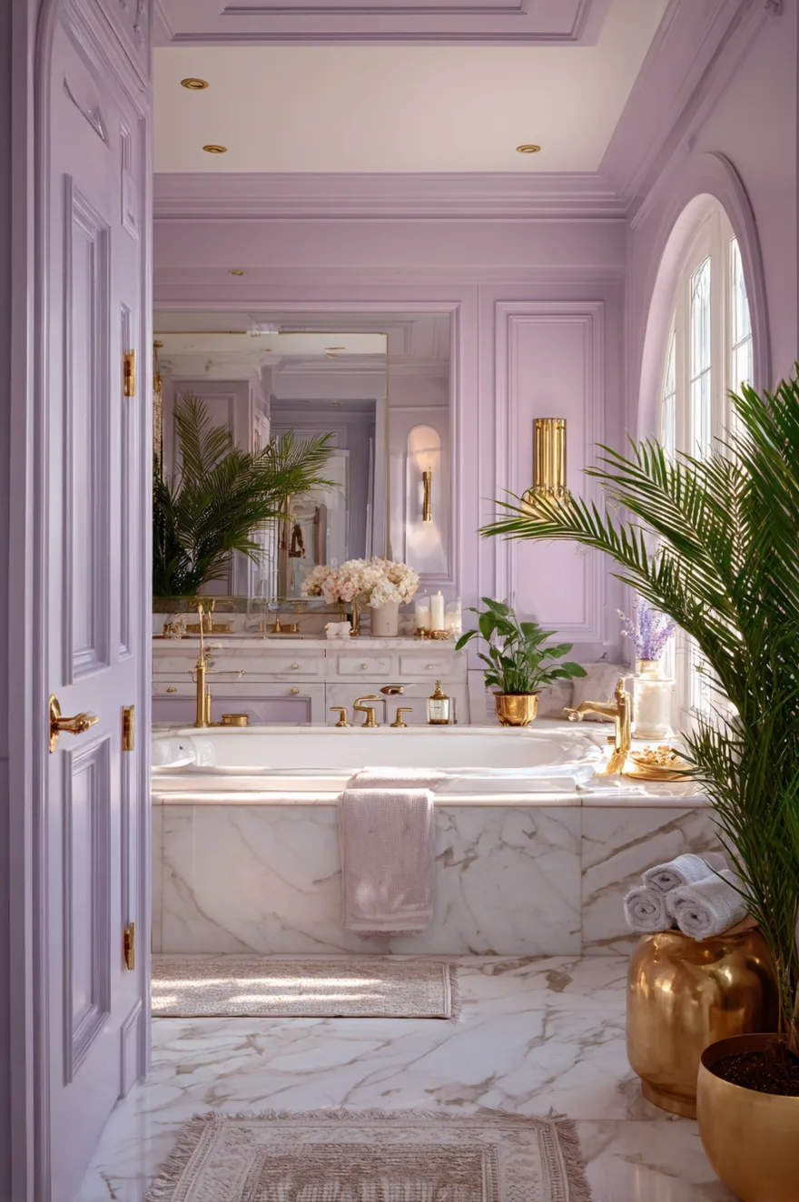 A grand master bathroom with soft lavender paneled walls, a large bathtub encased in white marble, bright gold fixtures, a gold wall sconce, and several green potted plants.
