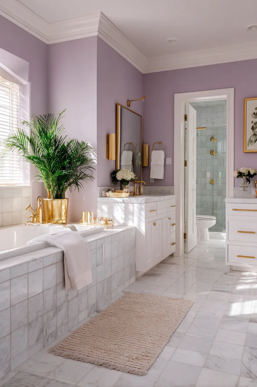 A bright bathroom featuring soft lilac walls, a white double vanity with gold hardware, a built in bathtub with a marble tile surround, a large gold framed mirror, and a glass enclosed shower.