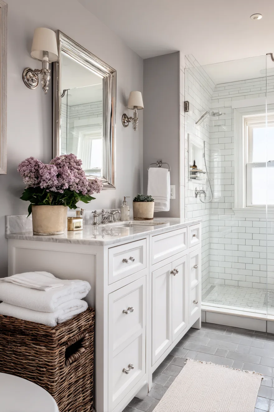 A vintage style bathroom featuring a classic white and black basketweave mosaic floor tile, white subway tile walls with black trim, and a white console sink.