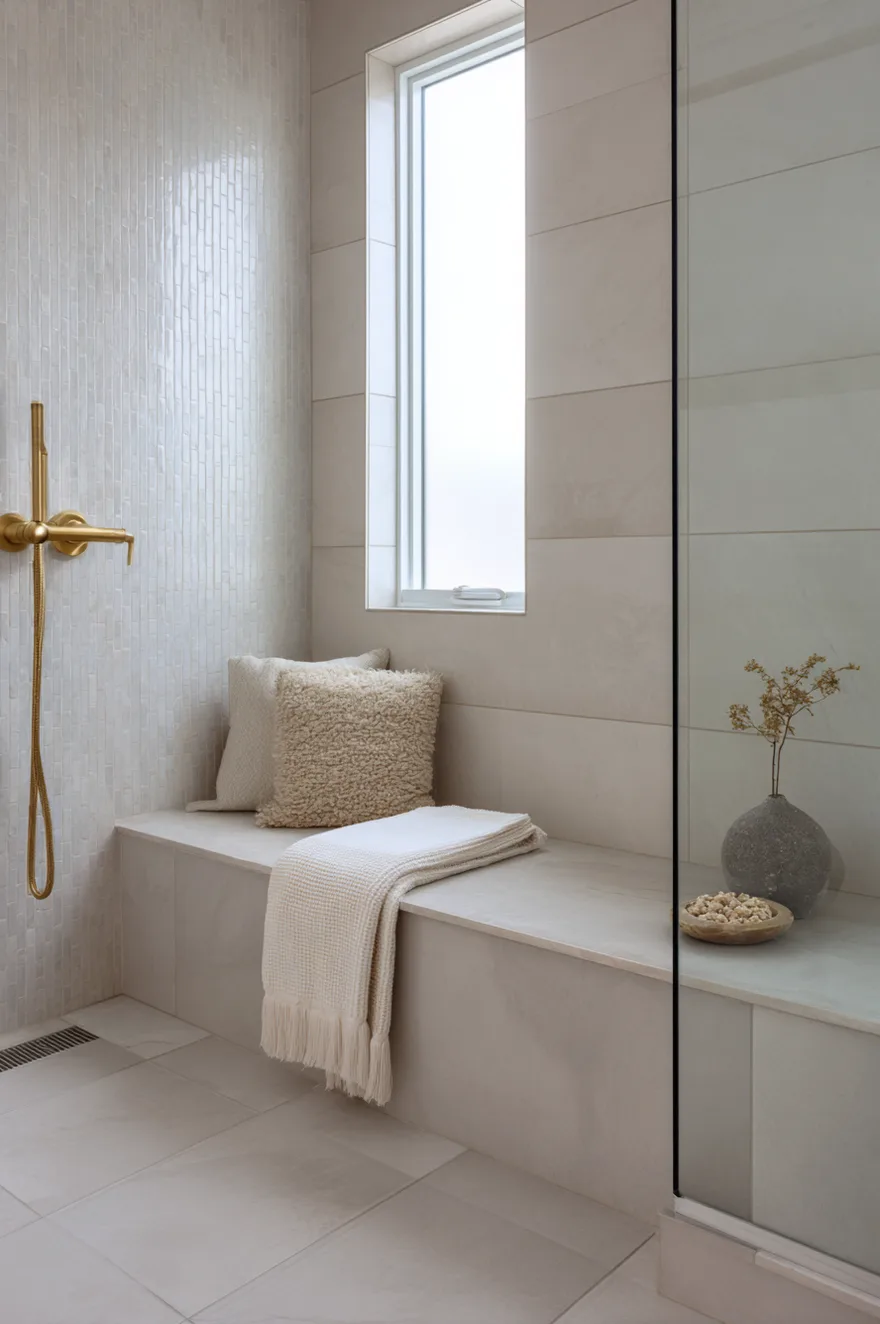 Continuous porcelain tiled built-in shower bench matching the floor tile in a frameless glass wet room with a brushed brass handheld showerhead and folded white towel.