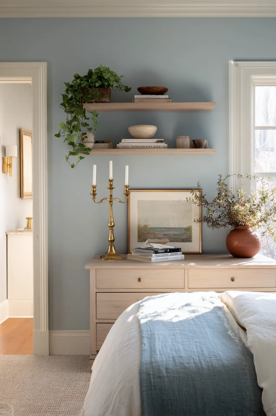 Low whitewashed wood shelf above a dresser on a soft blue bedroom wall with a tall brass candlestick, a ceramic bowl, a trailing plant, and a leaning framed print.